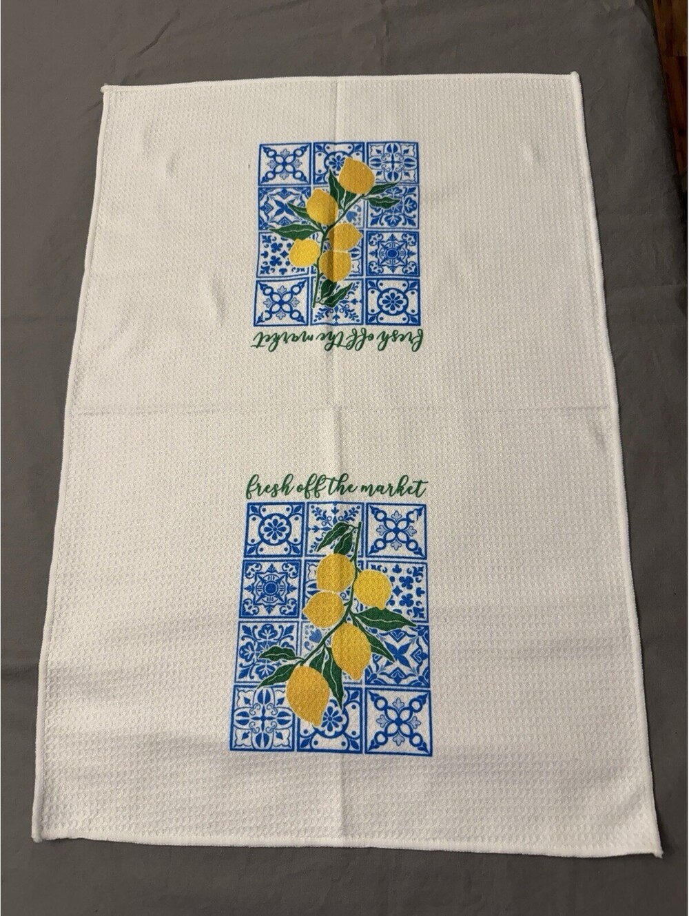 Lemon and Blue Tile Print Cotton Kitchen Tea Towel, Machine Washable, White 3/pk